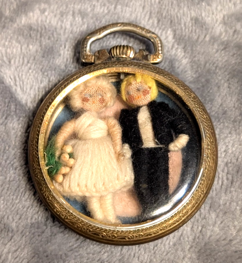 Antique Repurposed Pocket Watch Case Yarn Doll Wedding Miniature Glass Shadowbox Antique Repurposed Pocket Watch Case Yarn Doll Wedding Miniature Glass Shadowbox