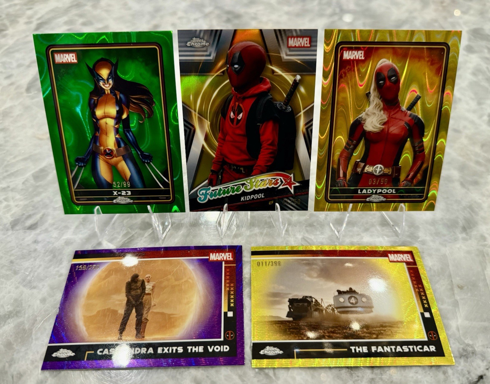 2025 Topps Chrome Deadpool LADYPOOL GOLD RAYWAVE + X-23 /99 + KIDPOOL /50 LOT