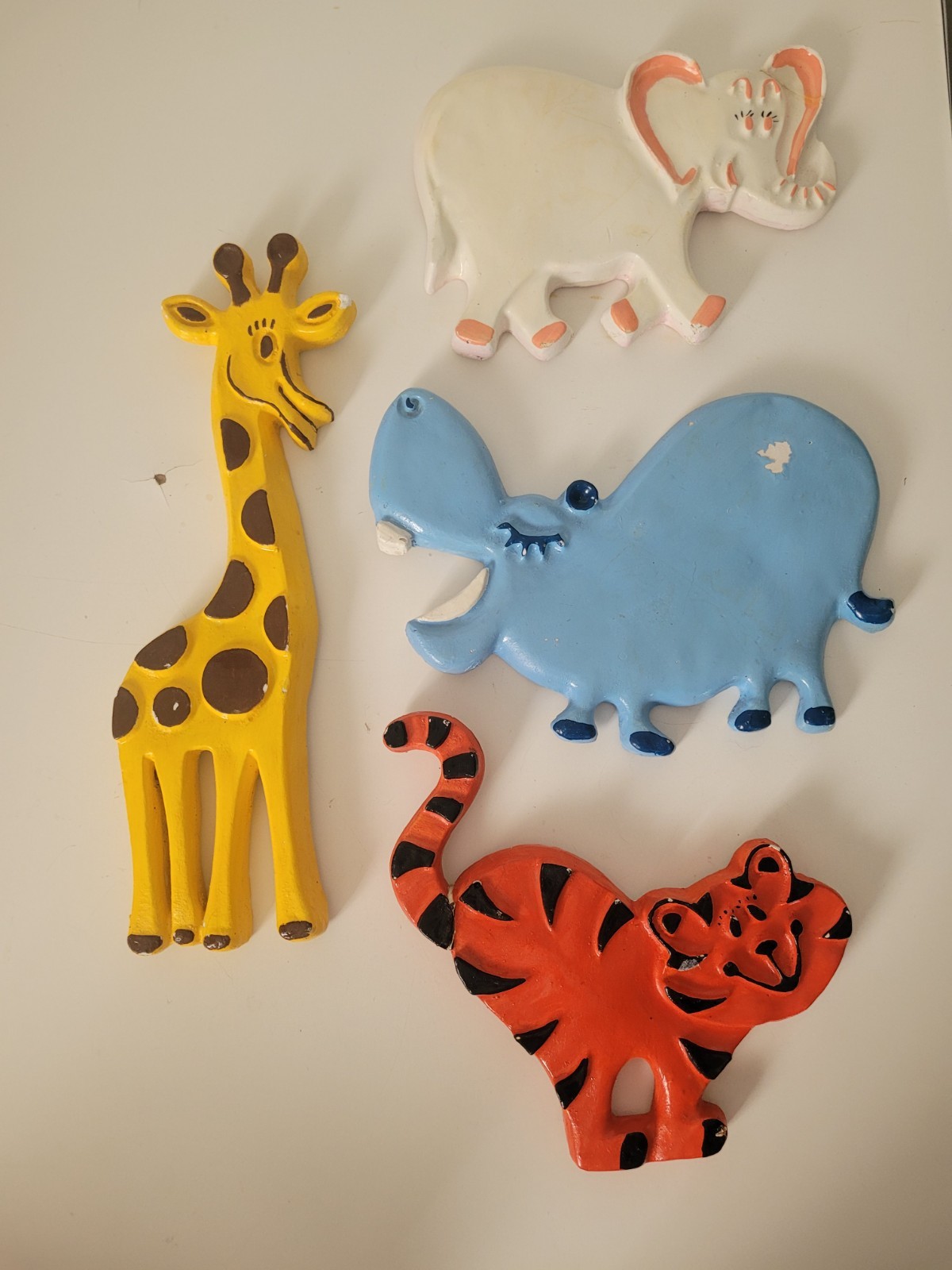 Vintage MCM Jungle Animals Plaster Chalkware Nursery Wall Plaques Elephant Tiger