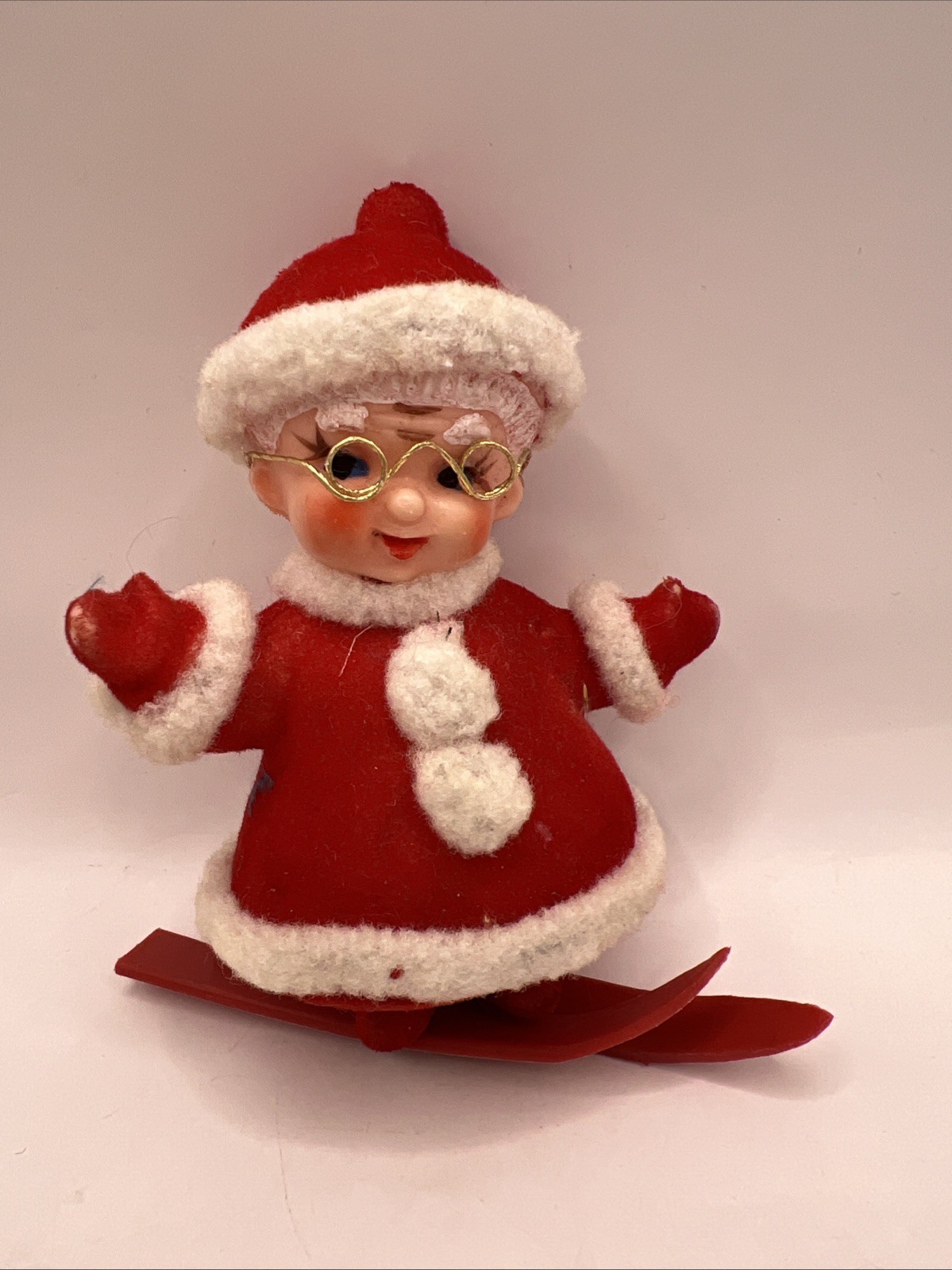 Vintage Felt Covered Mrs Claus On Skis 4” Christmas Tree Ornament