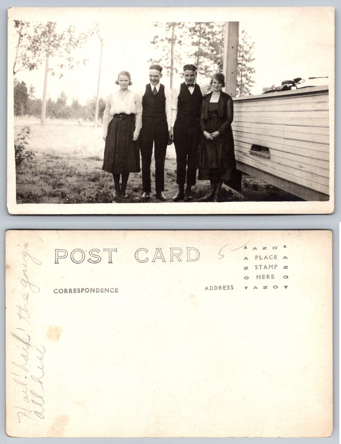 Vintage 1920s-30s RPPC Postcard Group of 4 Friends Outdoors Original Photo