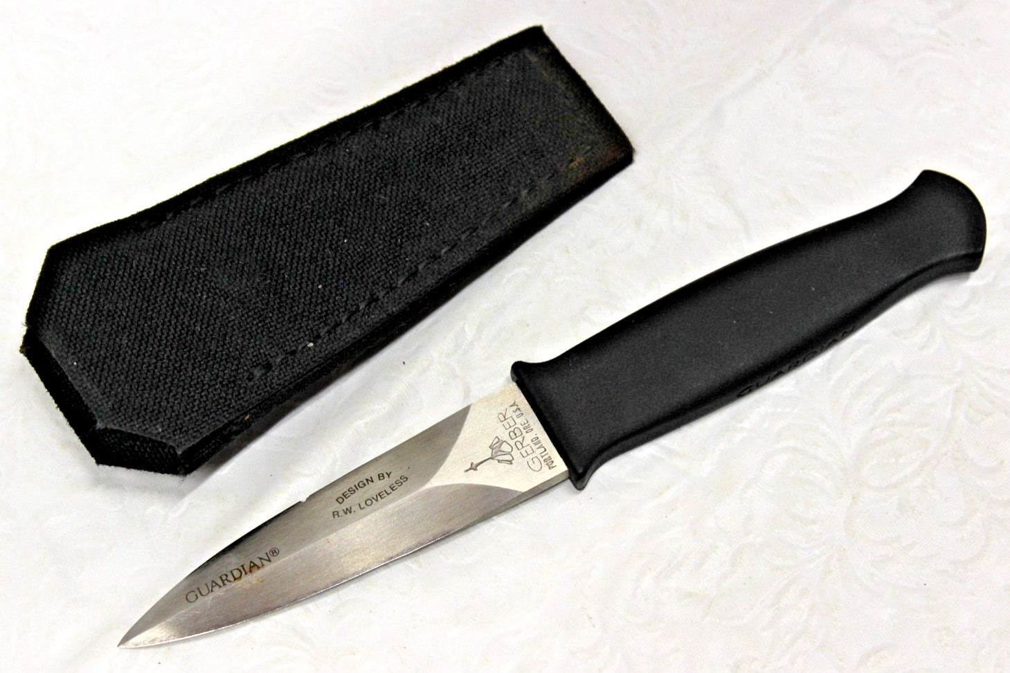 RARE EARLY GERBER  7 1/4" PORTLAND USA LOVELACE GUARDIAN DAGGER KNIFE & SHEATH