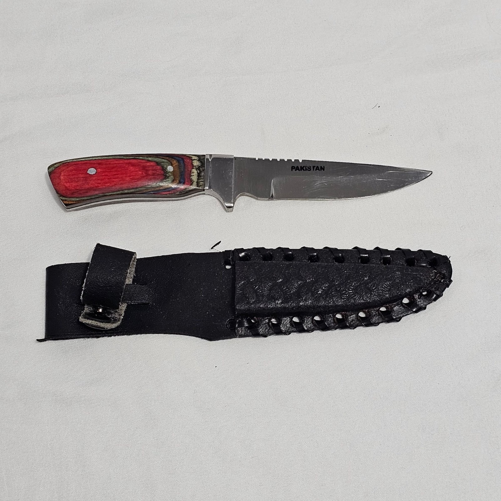 Handcrafted Fixed Blade Knife With Multicolored Wood Handle & Black Leather Shea