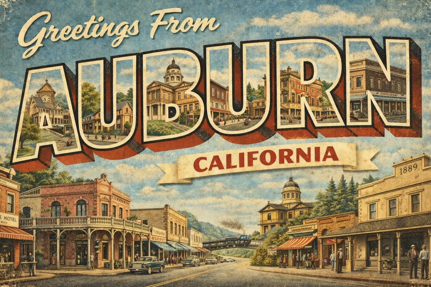 Greetings from Auburn, California Modern Vintage Postcard Large Letter D276 Greetings from Auburn, California Modern Vintage Postcard Large Letter D276