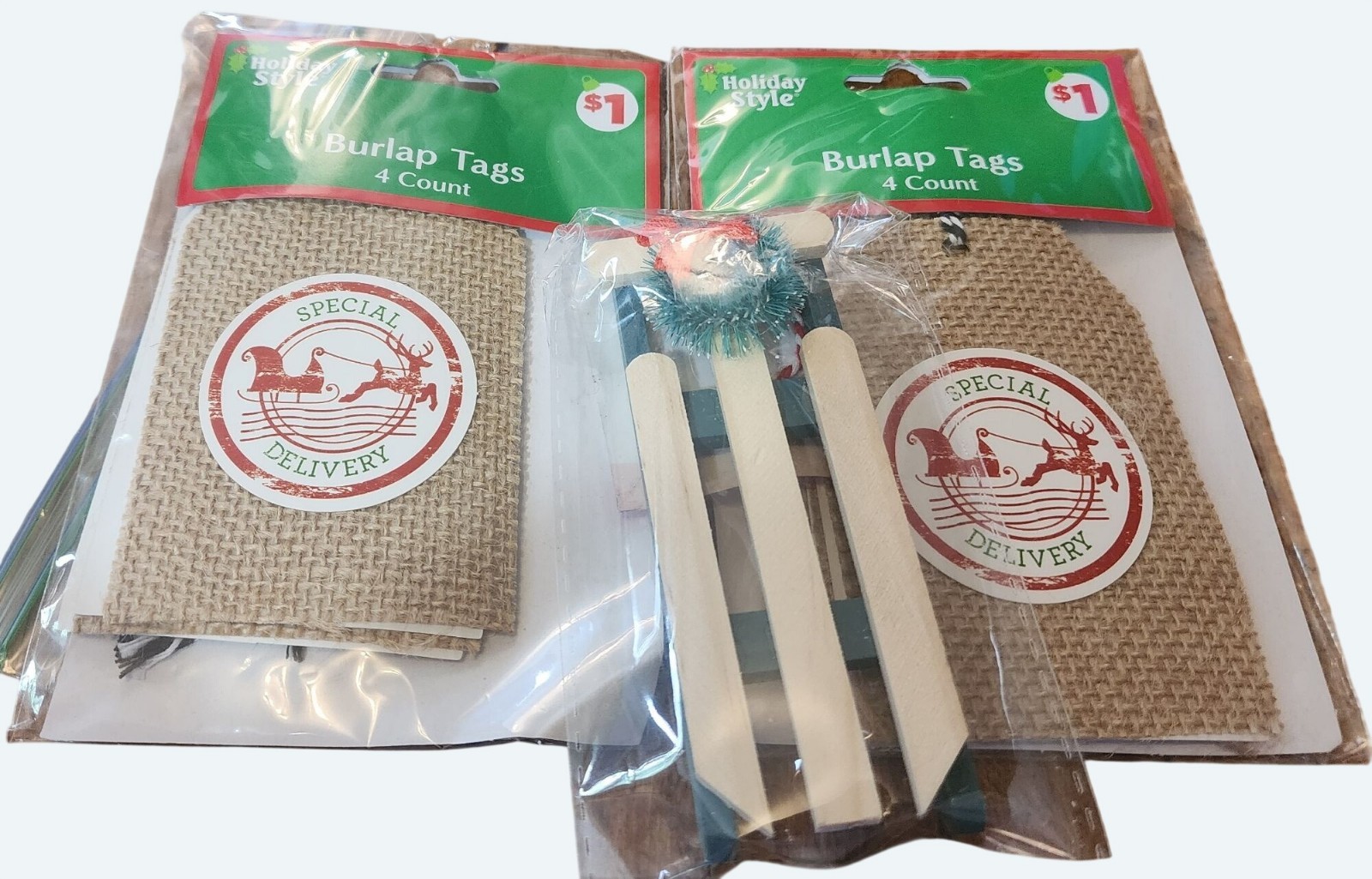 2 Holiday Style Special Delivery Burlap 4 Ct Tags Packs & 1 Mini Sled Ornament 2 Holiday Style Special Delivery Burlap 4 Ct Tags Packs & 1 Mini Sled Ornament
