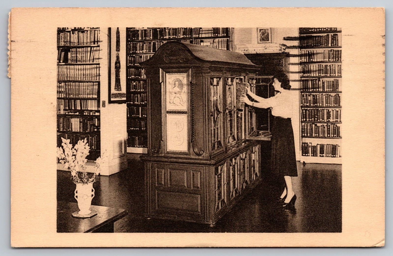 1950s Boston Athenaeum Interior Librarian Postcard Nat Geo Photo Uncommon Card