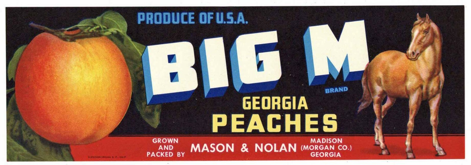 BIG M Brand, Madison, Georgia, Horse **AN ORIGINAL PEACH CRATE LABEL**  wear