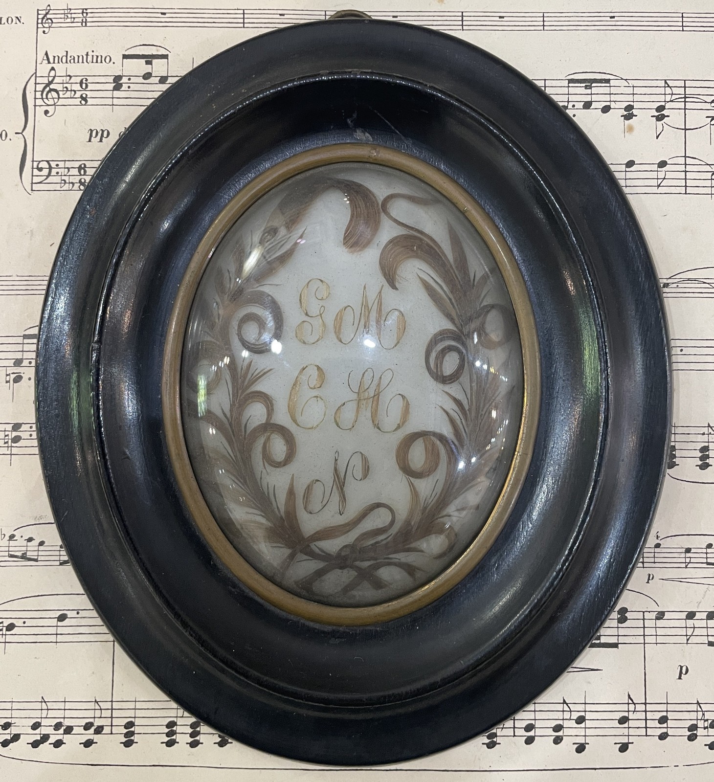 Antique French Mourning Hair Art Domed Glass Wooden Frame c1852 Antique French Mourning Hair Art Domed Glass Wooden Frame c1852