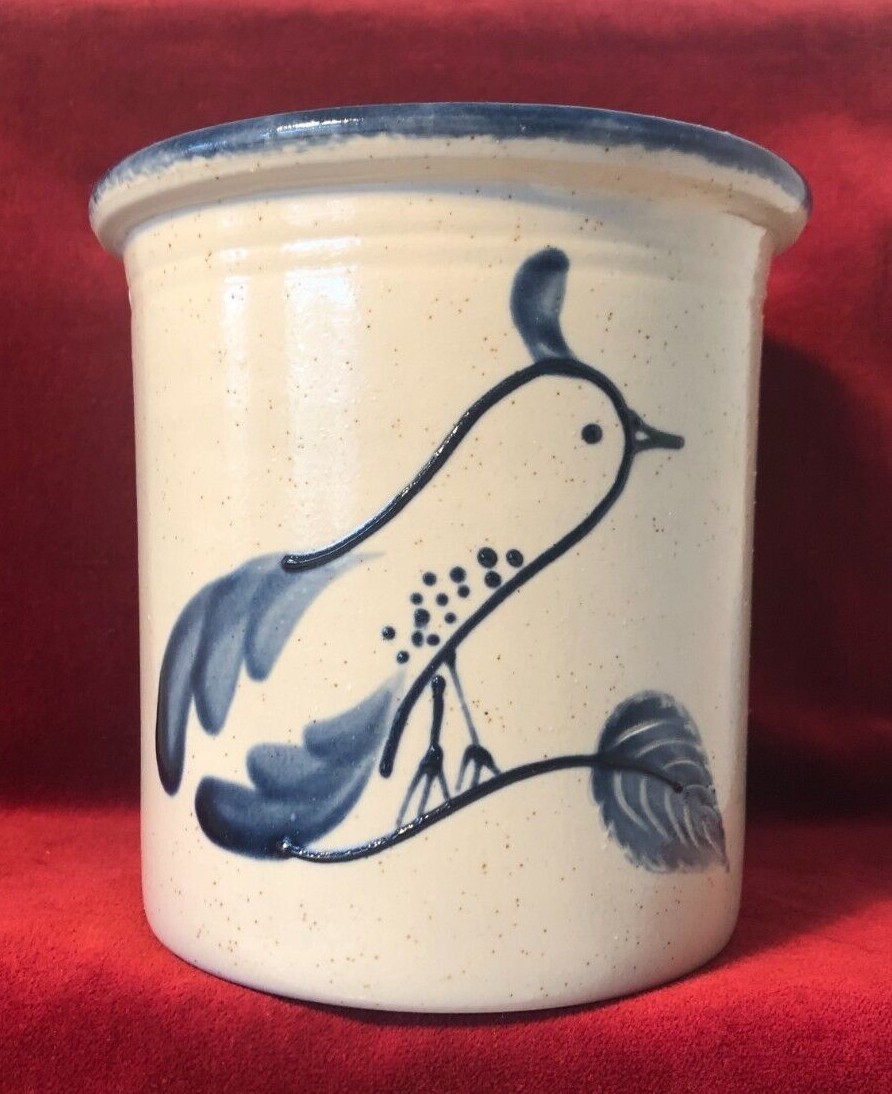 VTG SALT-GLAZED STONEWARE BIRD-ART CROCK UTENSIL JAR - Bujno Pottery Pa - Signed VTG SALT-GLAZED STONEWARE BIRD-ART CROCK UTENSIL JAR - Bujno Pottery Pa - Signed