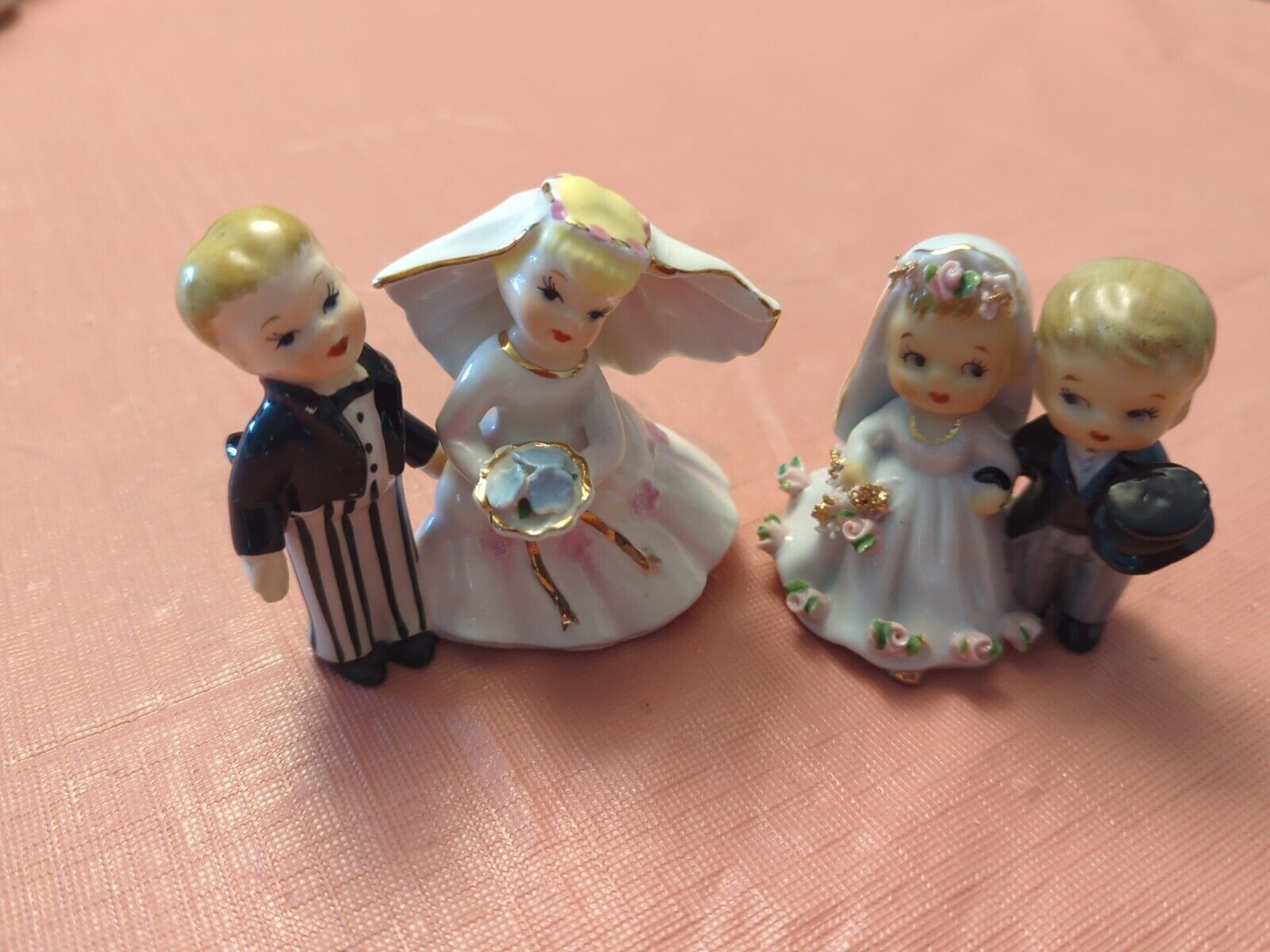 2 for 1 Kitschy 1956 Lefton Porcelain Bride & Groom Cake Toppers Wedding Bell
