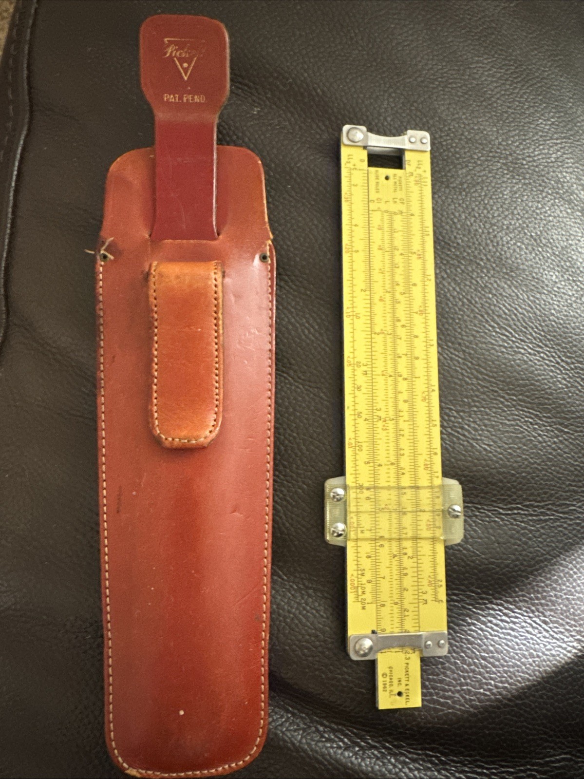 Vintage Pickett Model N600-ES Log Speed Ruler Slide Rule with Leather Case Vintage Pickett Model N600-ES Log Speed Ruler Slide Rule with Leather Case