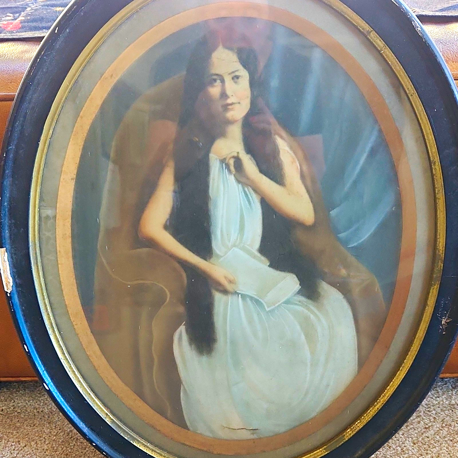 Framed Oval Color Portrait Photograph of Seated Woman Holding Letter Under Glass Framed Oval Color Portrait Photograph of Seated Woman Holding Letter Under Glass