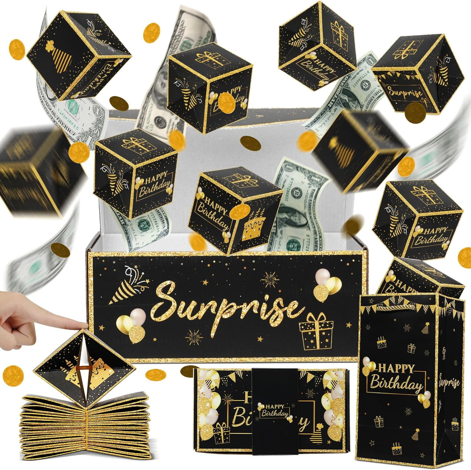 Birthday Surprise Gift Box Explosion for Money, Exploding Black Gold Birthday Surprise Gift Box Explosion for Money, Exploding Black Gold