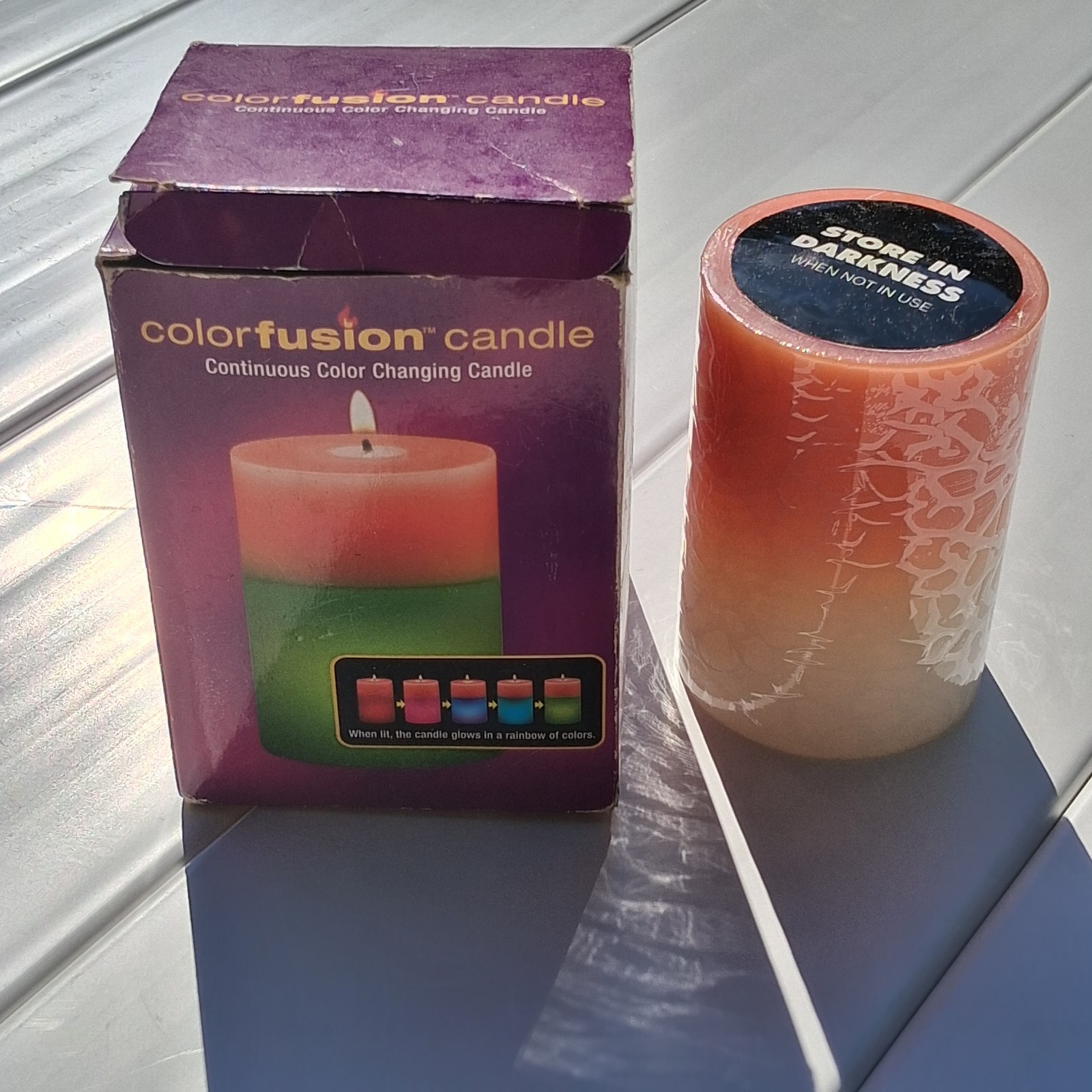 2004 Colorfusion Color Changing Candle Peach Pillar 3x4.25 Original Box Y2K 2004 Colorfusion Color Changing Candle Peach Pillar 3x4.25 Original Box Y2K