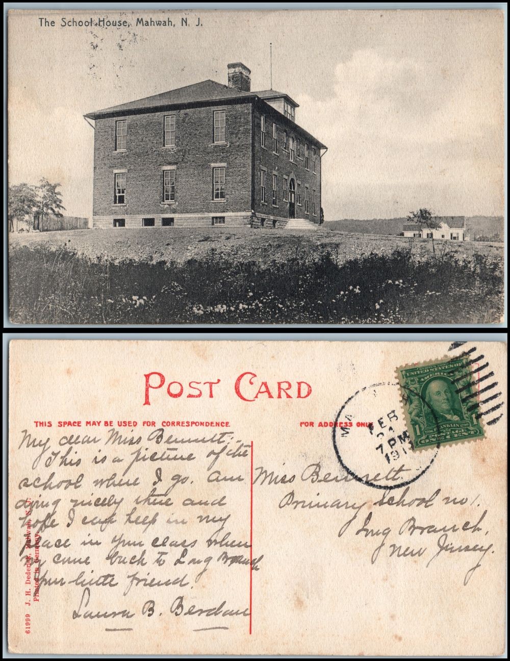 1913 The School House Mahwah NJ New Jersey postcard divided back J.H. Dederick 1913 The School House Mahwah NJ New Jersey postcard divided back J.H. Dederick