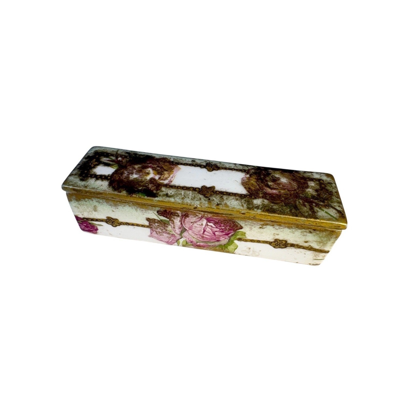 Limoges France Trinket Box Floral Rose 4" Porcelain Gilt Victorian READ