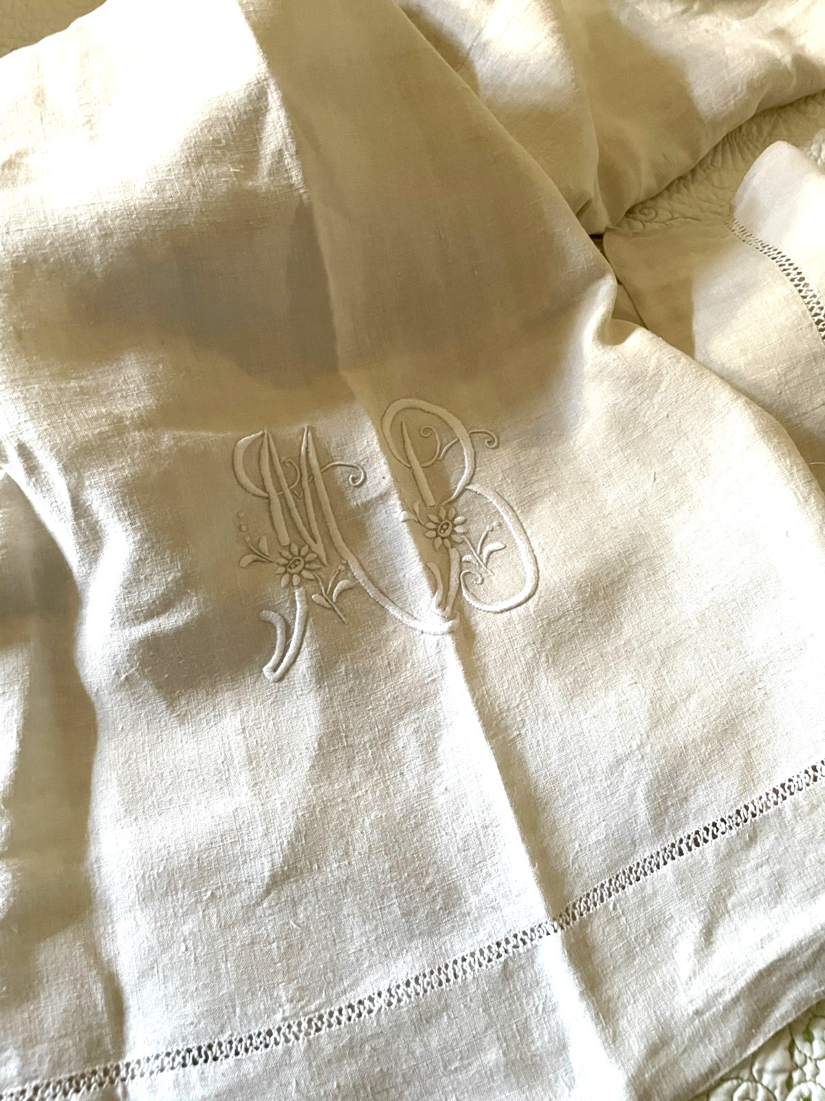 Antique French 9.11 ft Pure Linen White Monogram Sheet MB c1900s Antique French 9.11 ft Pure Linen White Monogram Sheet MB c1900s