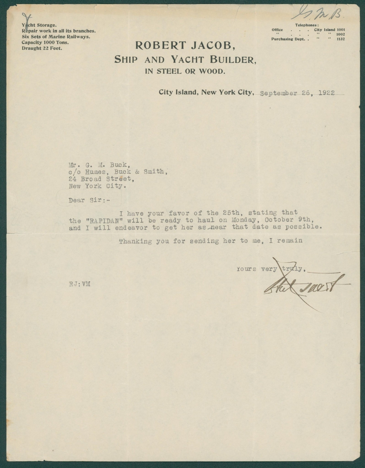 1922 Robert Jacob Ship Yacht Builder Letterhead Rapidan Delivery City Island NY 1922 Robert Jacob Ship Yacht Builder Letterhead Rapidan Delivery City Island NY