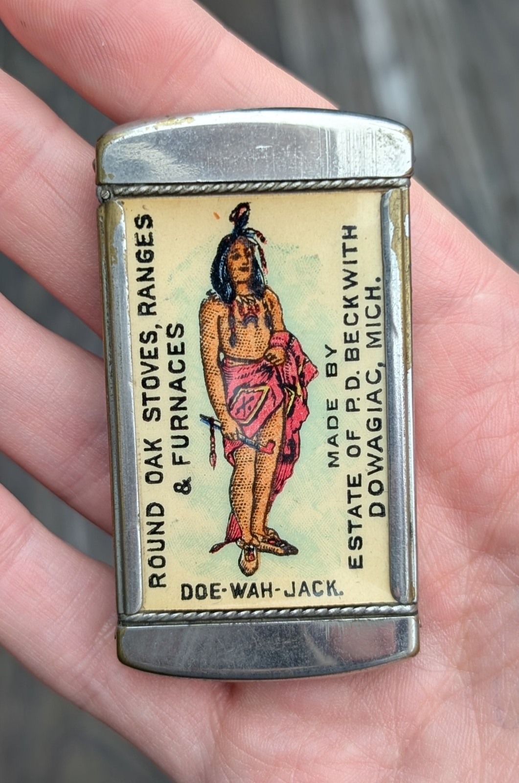 Rare Antique Doe-Wah-Jack Match Safe. Round Oak Advertisement. Estate. Celluloid