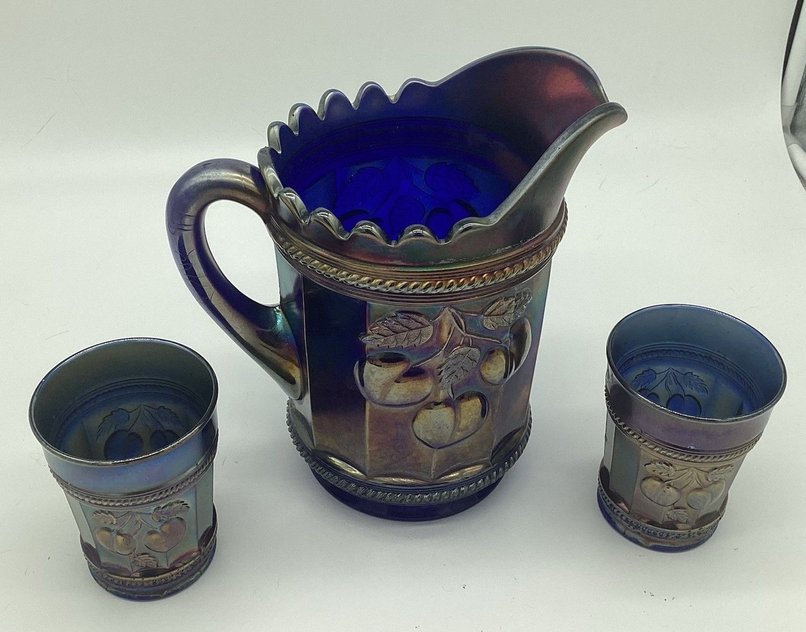 Antique Northwood Blue Carnival Peach Pitcher & 2 Tumblers Antique Northwood Blue Carnival Peach Pitcher & 2 Tumblers
