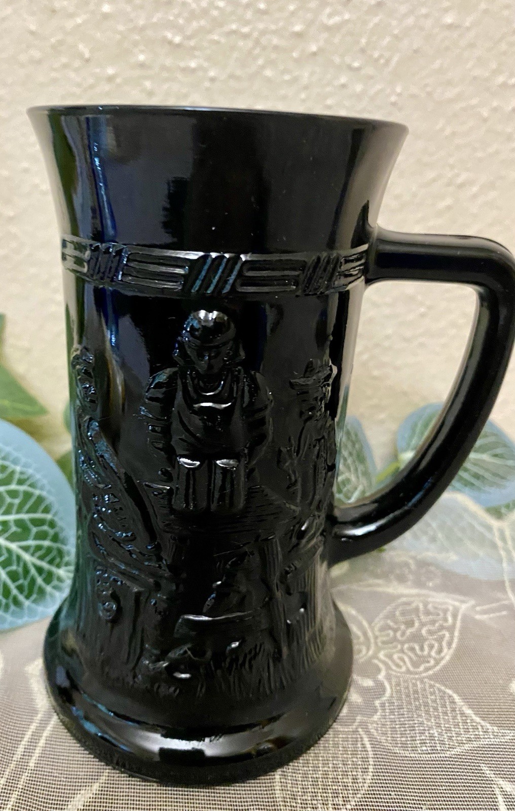 Vintage Black Mug Tiara Indiana Milk Glass Stein with Beer Drinking Scene
