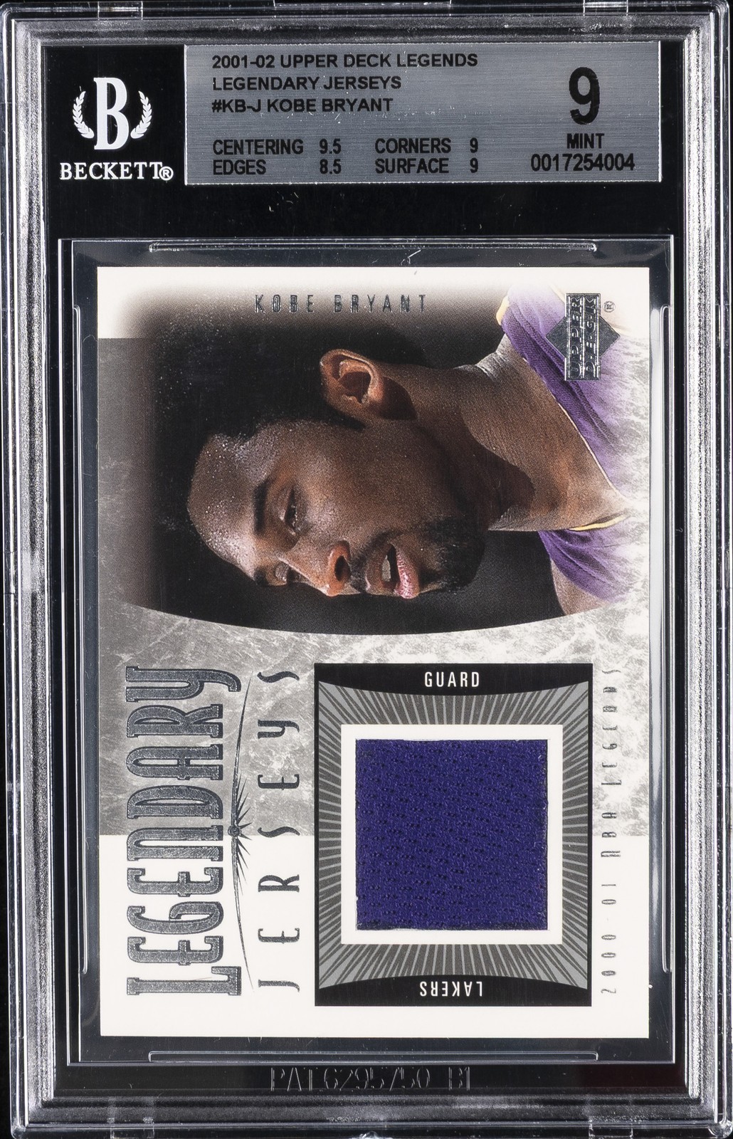 2001-02 UD LEGENDS #KB-J KOBE BRYANT LEGENDARY JERSEY BGS 9 2001-02 UD LEGENDS #KB-J KOBE BRYANT LEGENDARY JERSEY BGS 9