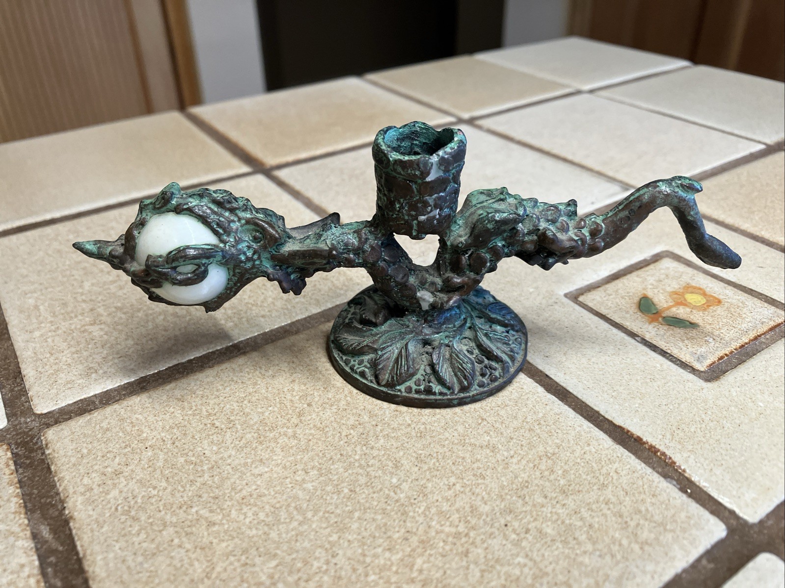 VTG BRONZE & METAL FIRE DRAGON 6" MINI CANDLE HOLDER VERDIGREE STONE ORB 1997