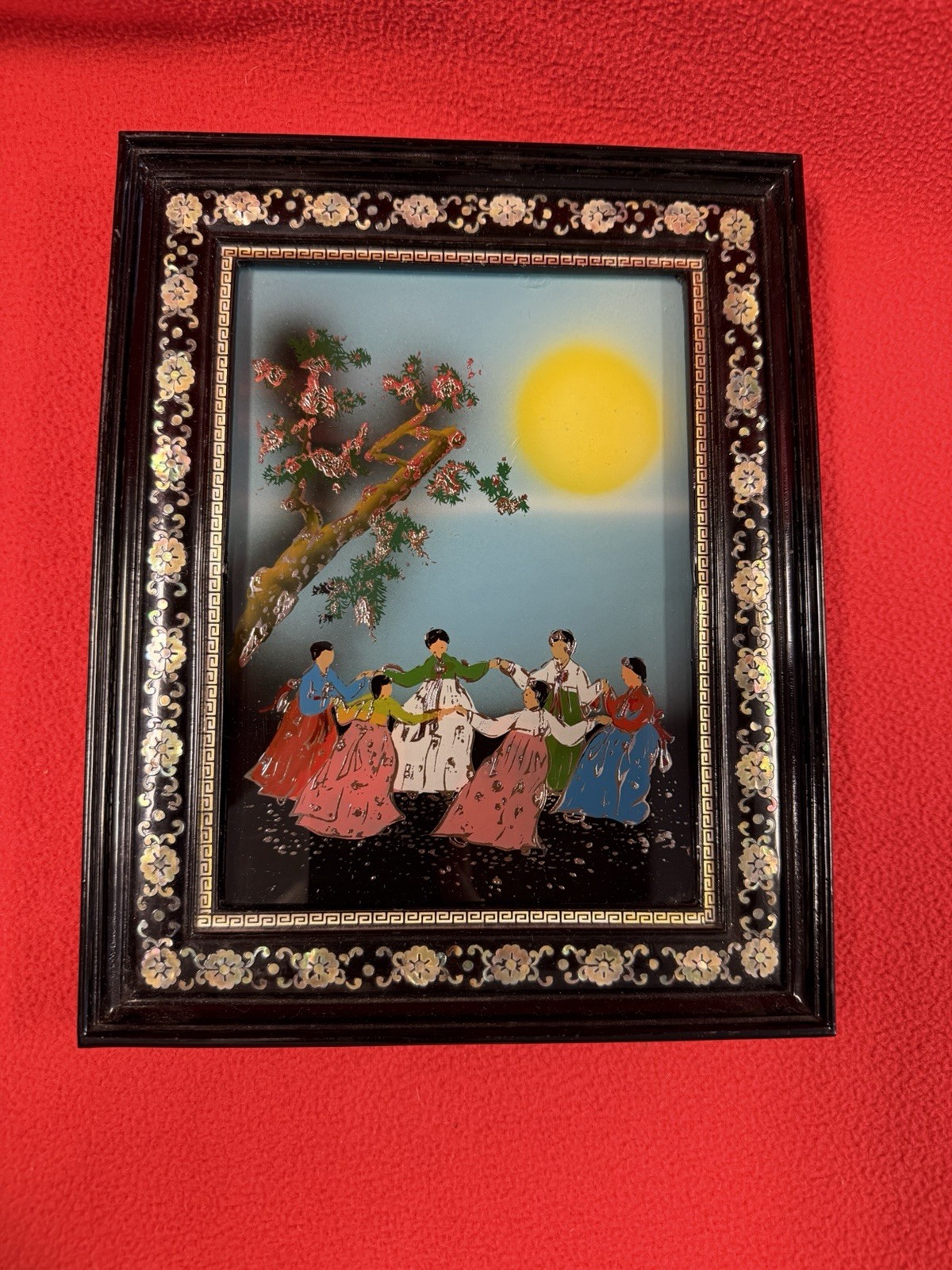 Vintage Korean Reverse Glass Painting Black Lacquer Frame Mother Of Pearl Insets Vintage Korean Reverse Glass Painting Black Lacquer Frame Mother Of Pearl Insets