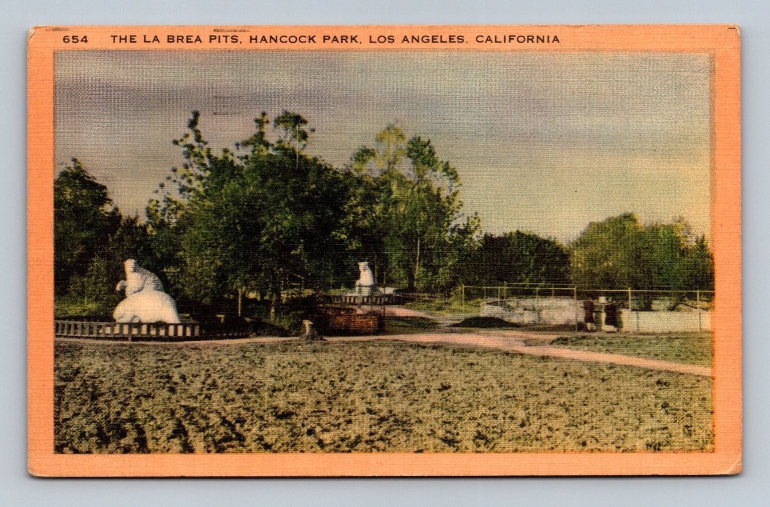 Vintage La Brea Pits Los Angeles CA Linen Postcard Mammoth Statue 1940s