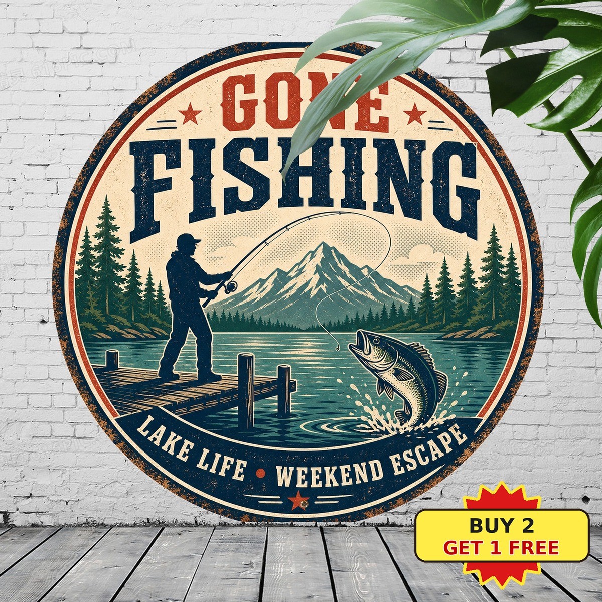 Gone Fishing Vintage Bass Salmon Angler Hobbyist Cabin Round Metal Tin Sign