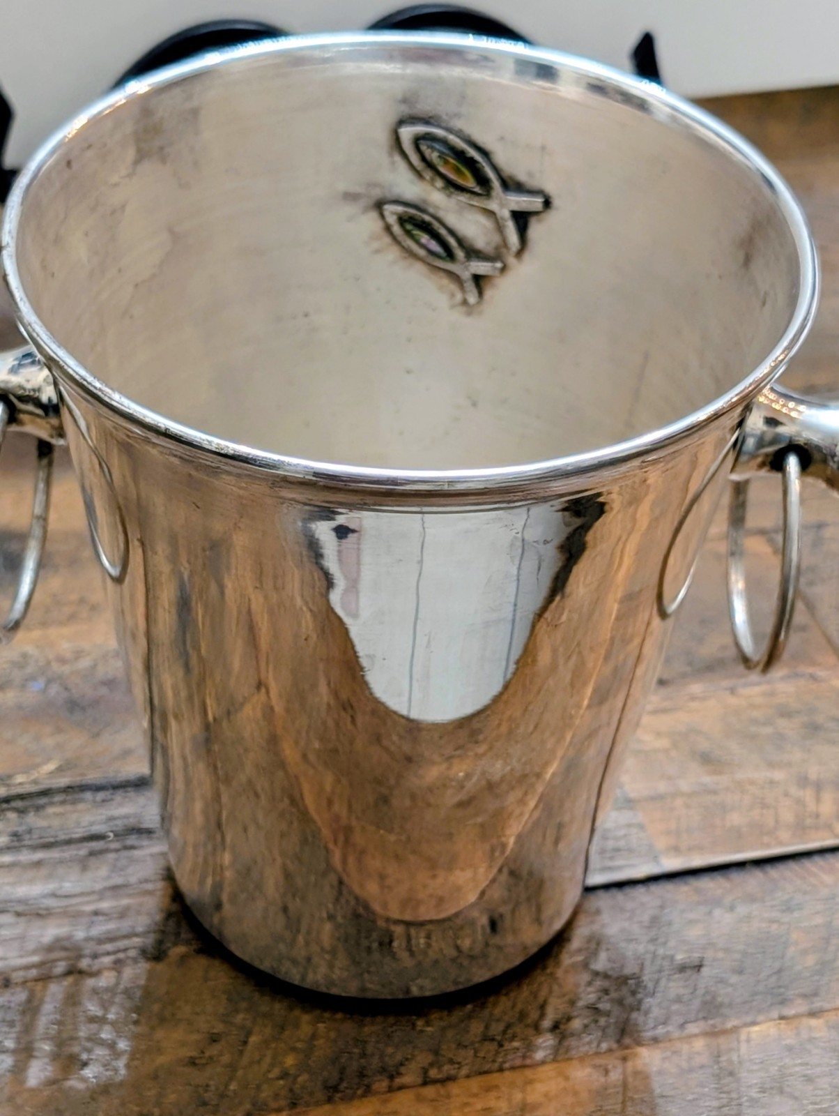 Vintage Los Castillo Taxco Silver Plate Ice Bucket Inlaid Abalone Shell Fish Vintage Los Castillo Taxco Silver Plate Ice Bucket Inlaid Abalone Shell Fish
