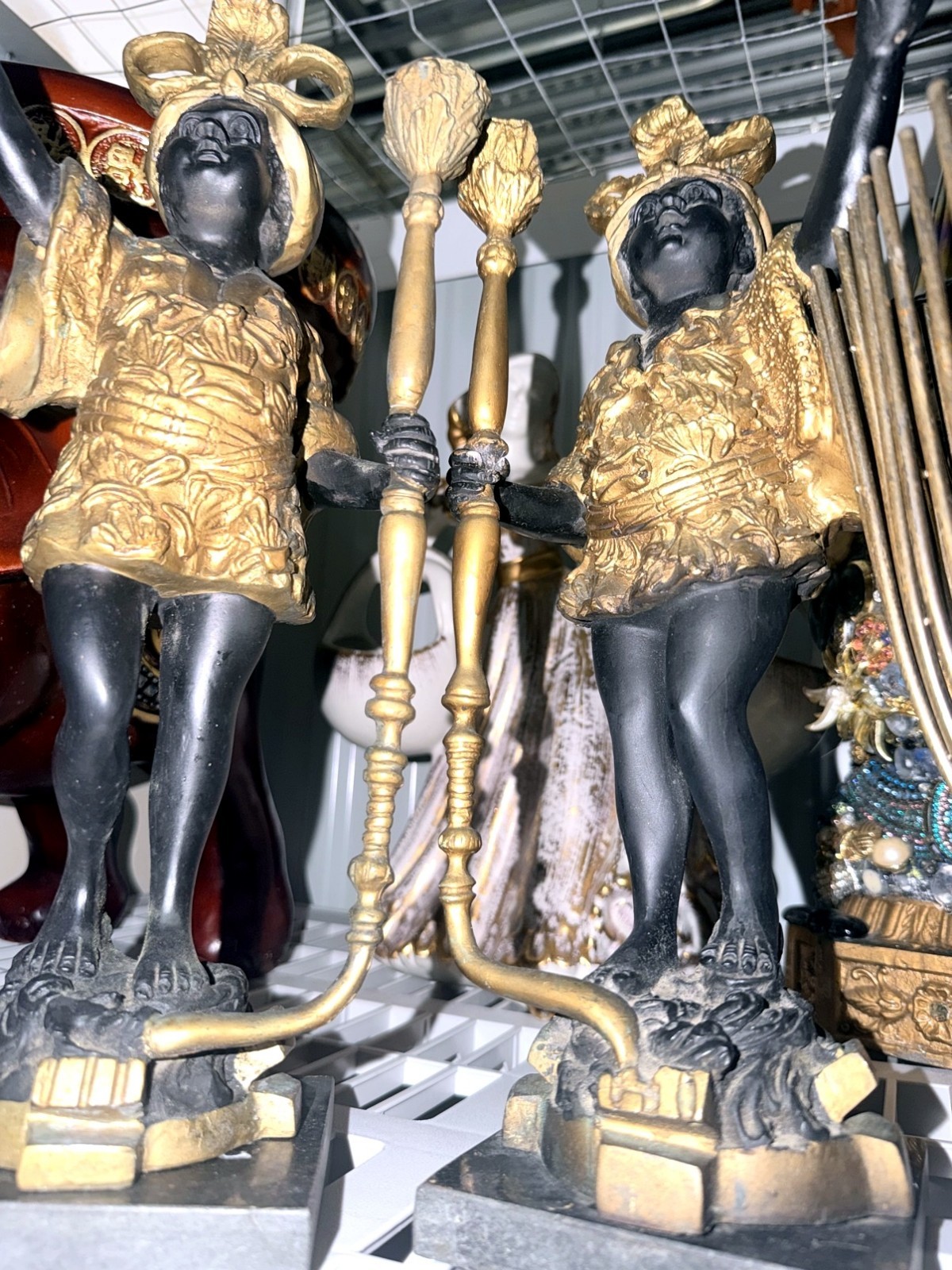 Vintage Blackamoor Style Pair Figures Gold Robes Torch Candle Holders Vintage Blackamoor Style Pair Figures Gold Robes Torch Candle Holders