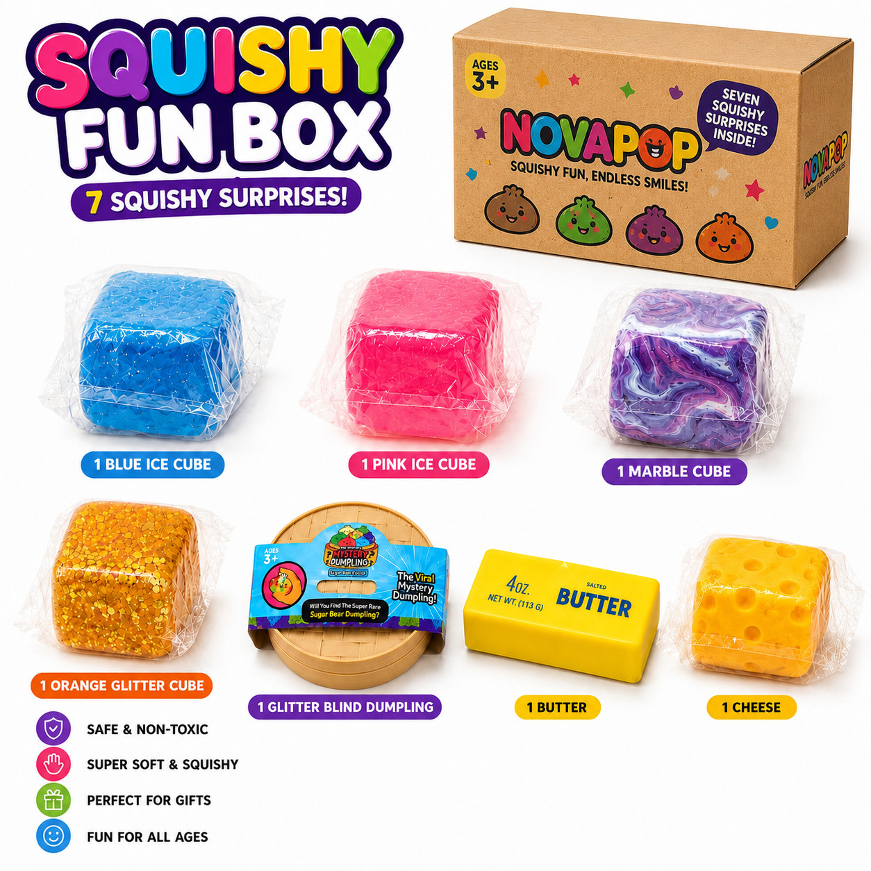 7 Piece Squishy Fun Box, Cute Sensory Toys, Stress Relief Fidget Set