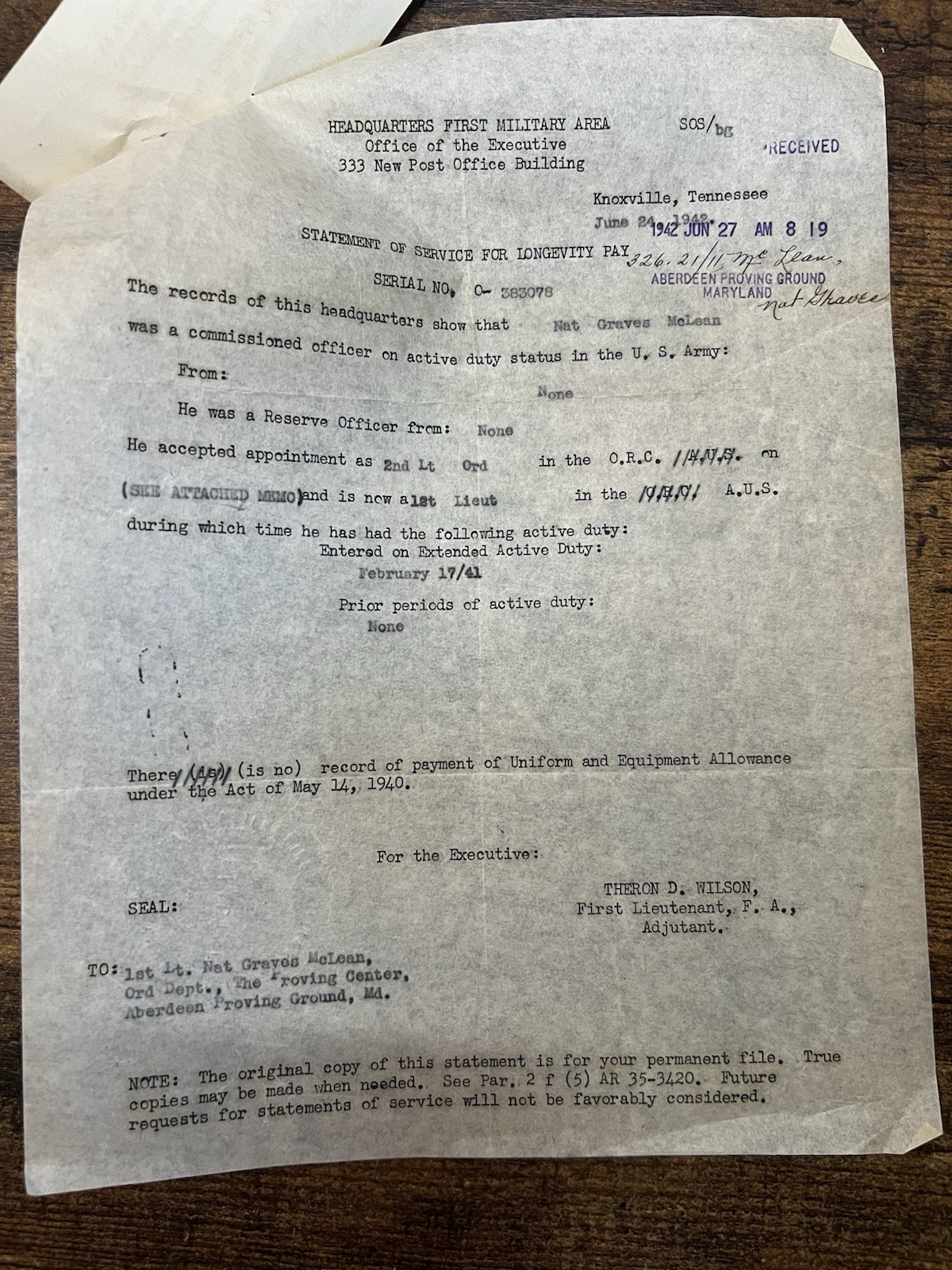 WWII 1942 US Army Military Service Record Longevity Pay Aberdeen Proving Ground WWII 1942 US Army Military Service Record Longevity Pay Aberdeen Proving Ground