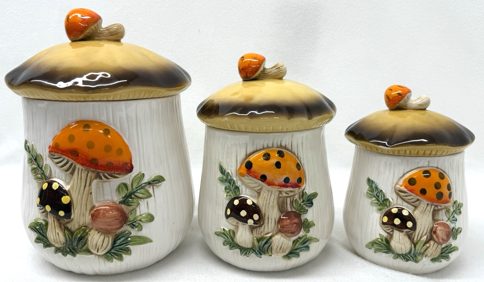 Vintage Merry Mushroom Set of 3 Canister w/Lids Sears & Roebuck 70s Japan
