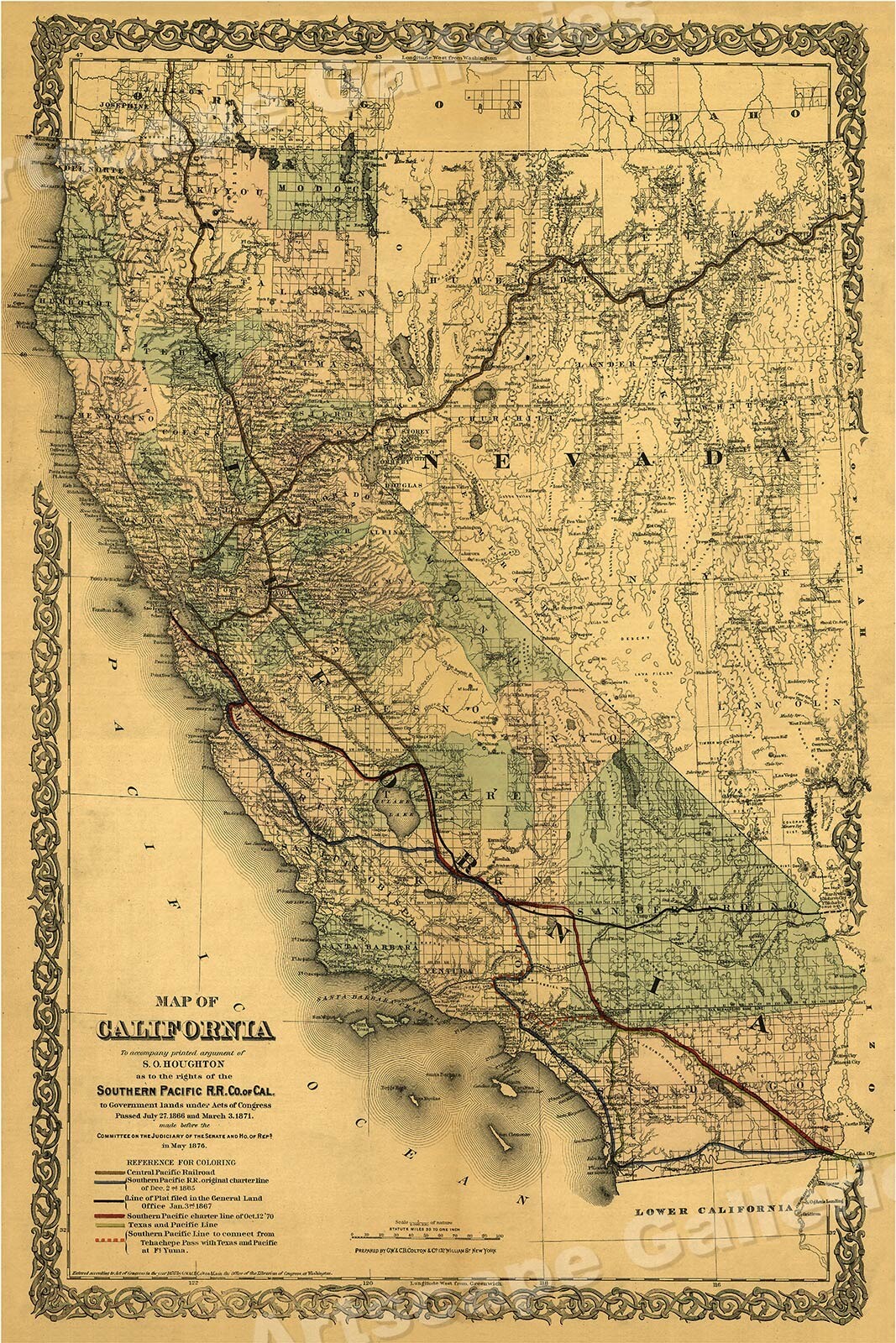 1870s State of California and Nevada Southern Pacific Railroad Map - 16x24 1870s State of California and Nevada Southern Pacific Railroad Map - 16x24