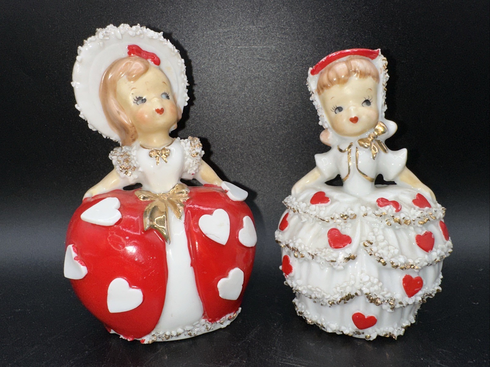 VINTAGE LEFTON VALENTINE HEARTS GIRL BELL FIGURINE ~ PAIR (2) Spaghetti Trim 033 VINTAGE LEFTON VALENTINE HEARTS GIRL BELL FIGURINE ~ PAIR (2) Spaghetti Trim 033