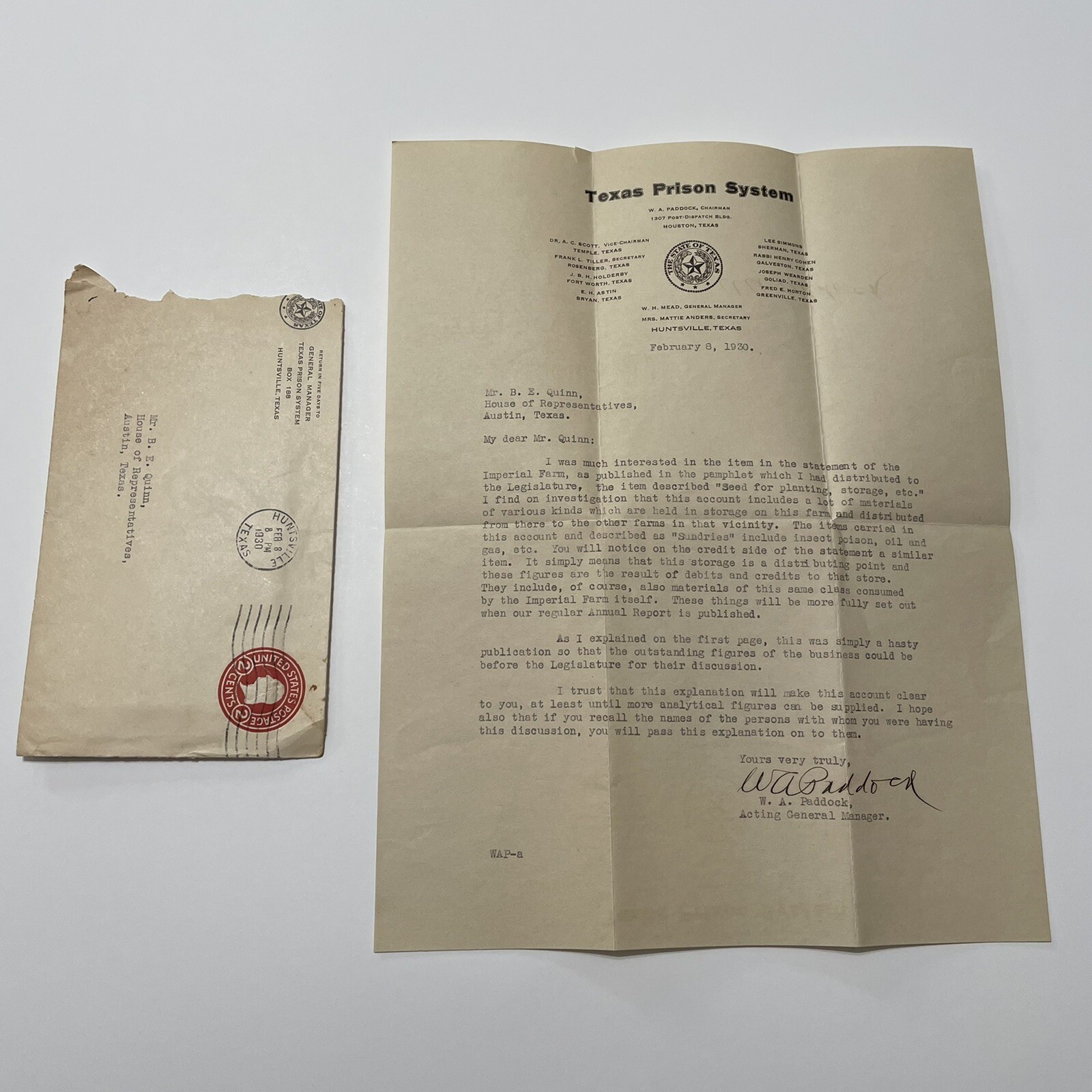 Vintage Letter Texas Prison System To Texas State Rep. B. E. Quinn 1930 Vintage Letter Texas Prison System To Texas State Rep. B. E. Quinn 1930