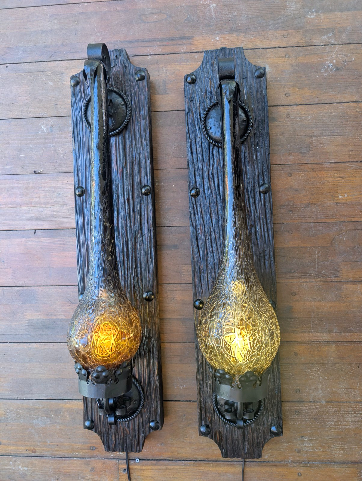 MCM Vintage Pair of Wrought Iron Amber Slag Glass Spanish Revival Sconce Lamps MCM Vintage Pair of Wrought Iron Amber Slag Glass Spanish Revival Sconce Lamps