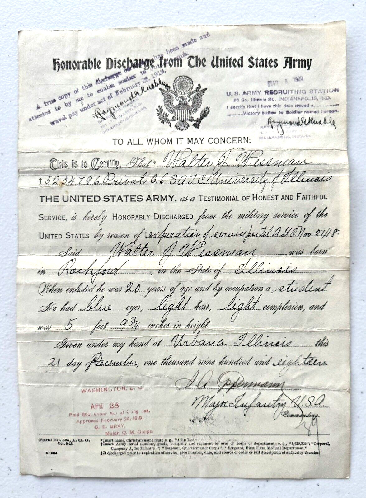 1918 WWI HONORBLE DISCHARGE PAPERS FROM THE UNITED STATES ARMY PRIVATE WESSMAN 1918 WWI HONORBLE DISCHARGE PAPERS FROM THE UNITED STATES ARMY PRIVATE WESSMAN