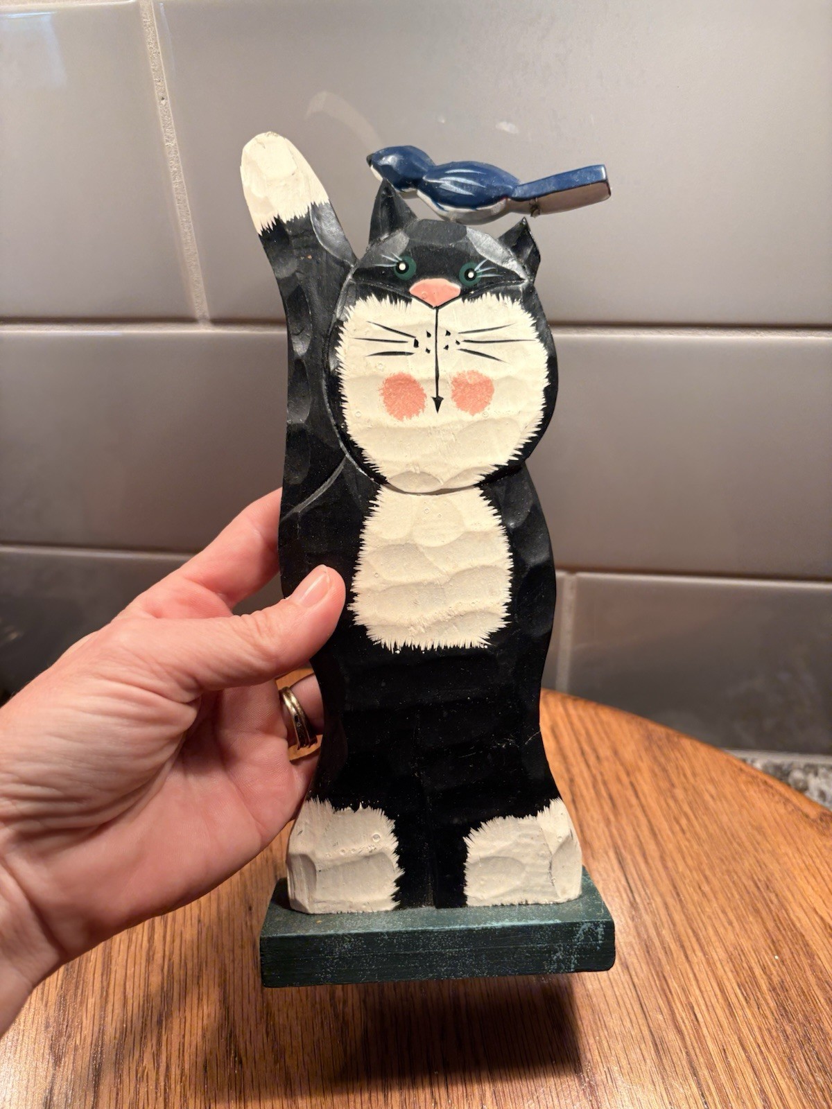 Adorable Vintage Hand-Carved Wood Tuxedo Cat with Bluebird