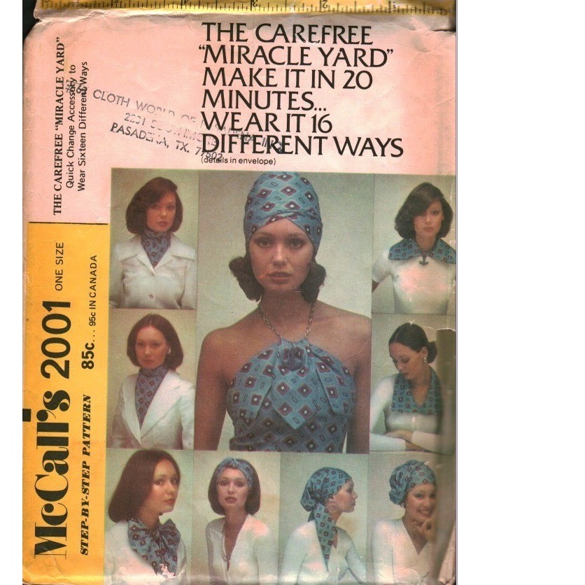 Vintage 1973 McCalls 2001 Miracle Yard Scarf Halter Turban Sewing Pattern 70s Vintage 1973 McCalls 2001 Miracle Yard Scarf Halter Turban Sewing Pattern 70s