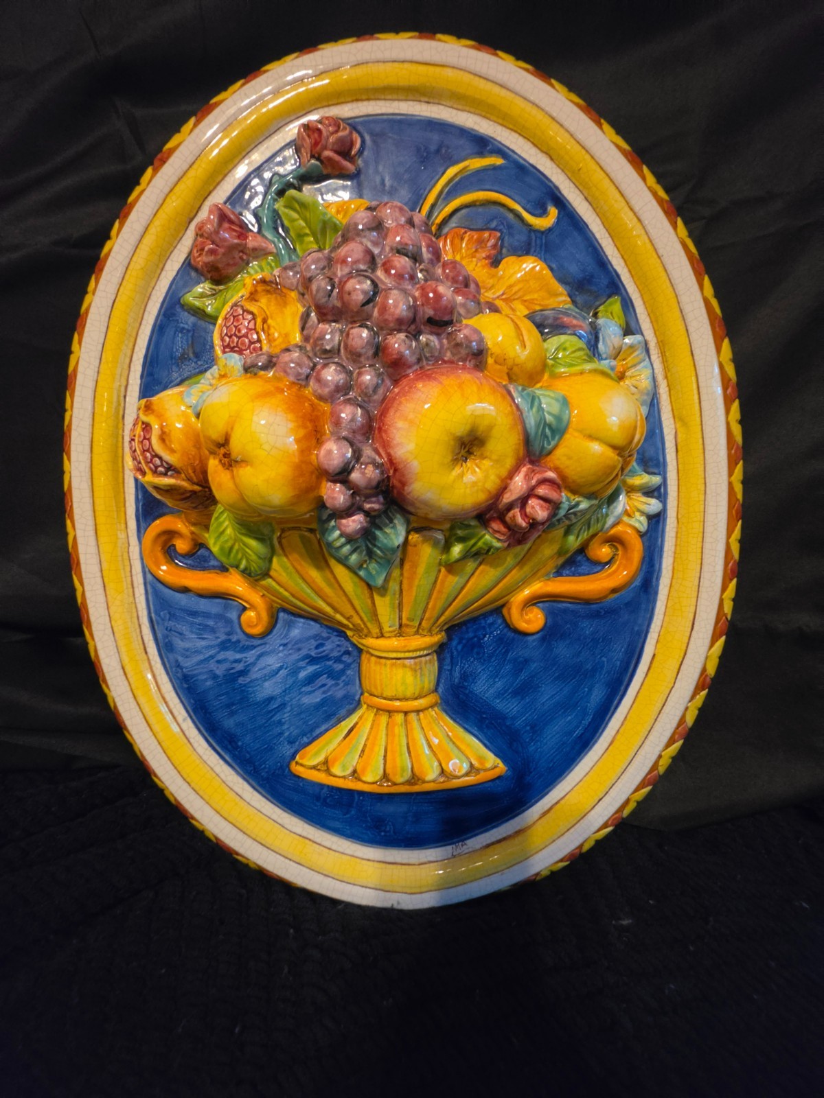 Italian Relief Majolica Faience Hand Painted Fruit & Floral Oval Wall Plaque 22" Italian Relief Majolica Faience Hand Painted Fruit & Floral Oval Wall Plaque 22"
