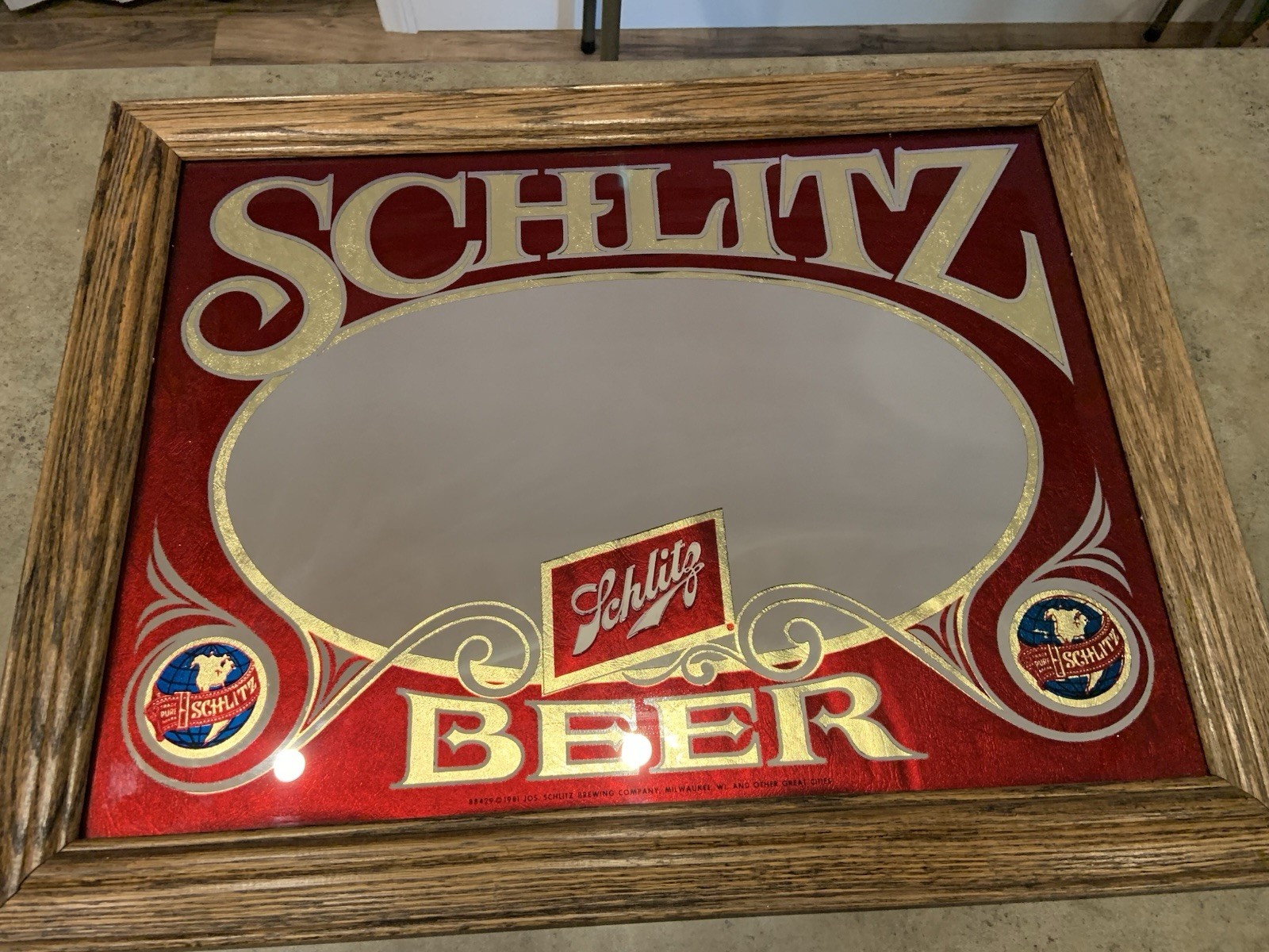Vtg 1981 Wooden Frame Schlitz Beer Mirrored Sign Bar Sign Advertising Chicago