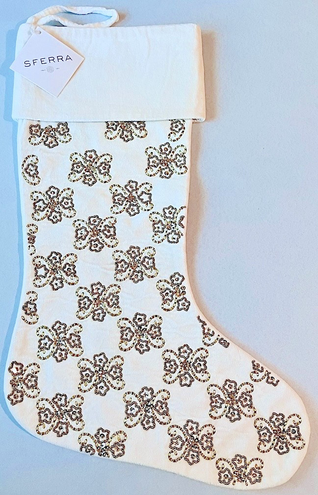 Sferra Twinkle Holiday Stocking Golden Hand Embroidery Ivory Cotton Velvet New Sferra Twinkle Holiday Stocking Golden Hand Embroidery Ivory Cotton Velvet New