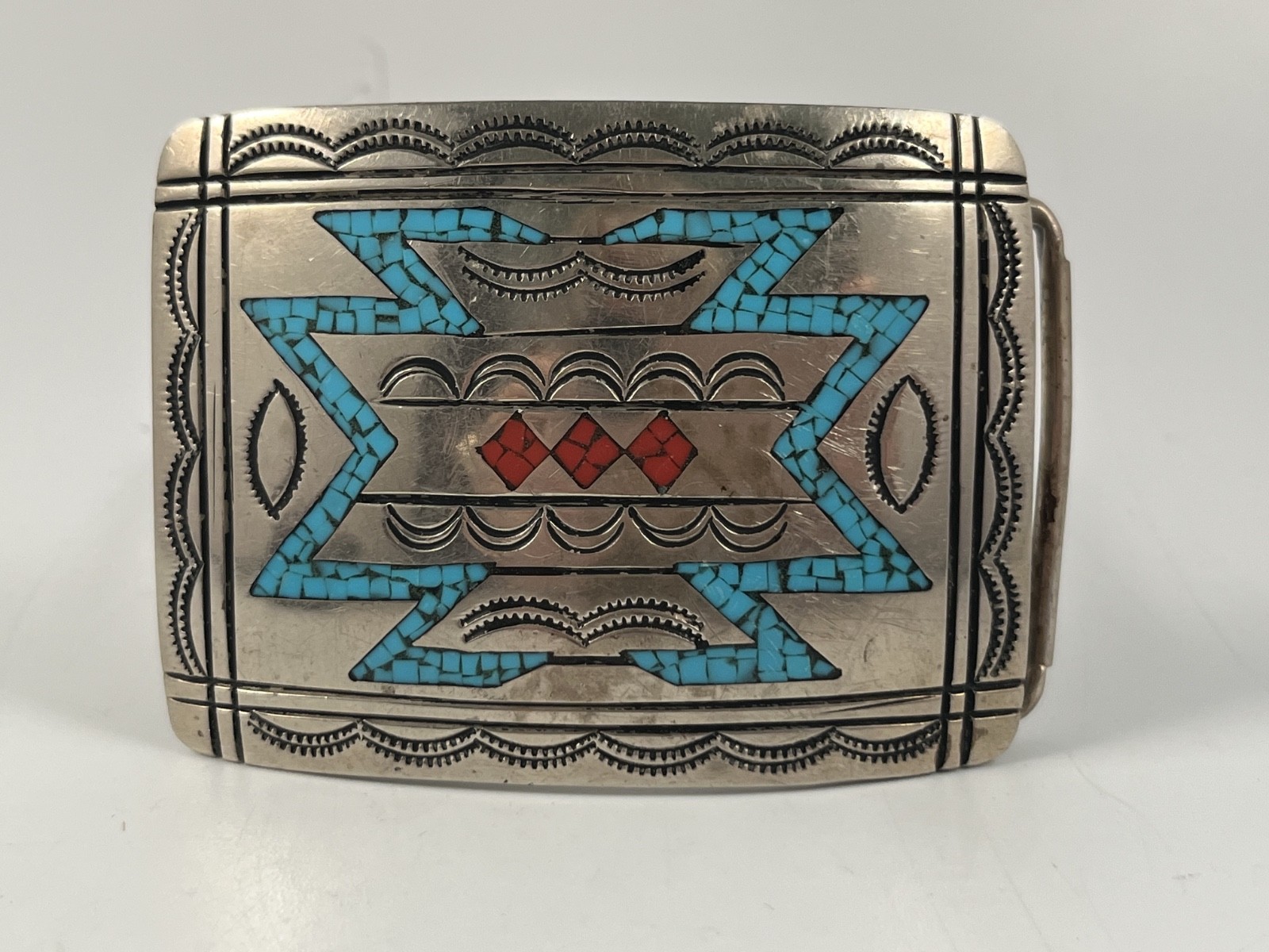SILVER TONE INLAID TURQUOISE CORAL SOUTHWESTERN SIGNED "N" VINTAGE BELT BUCKLE