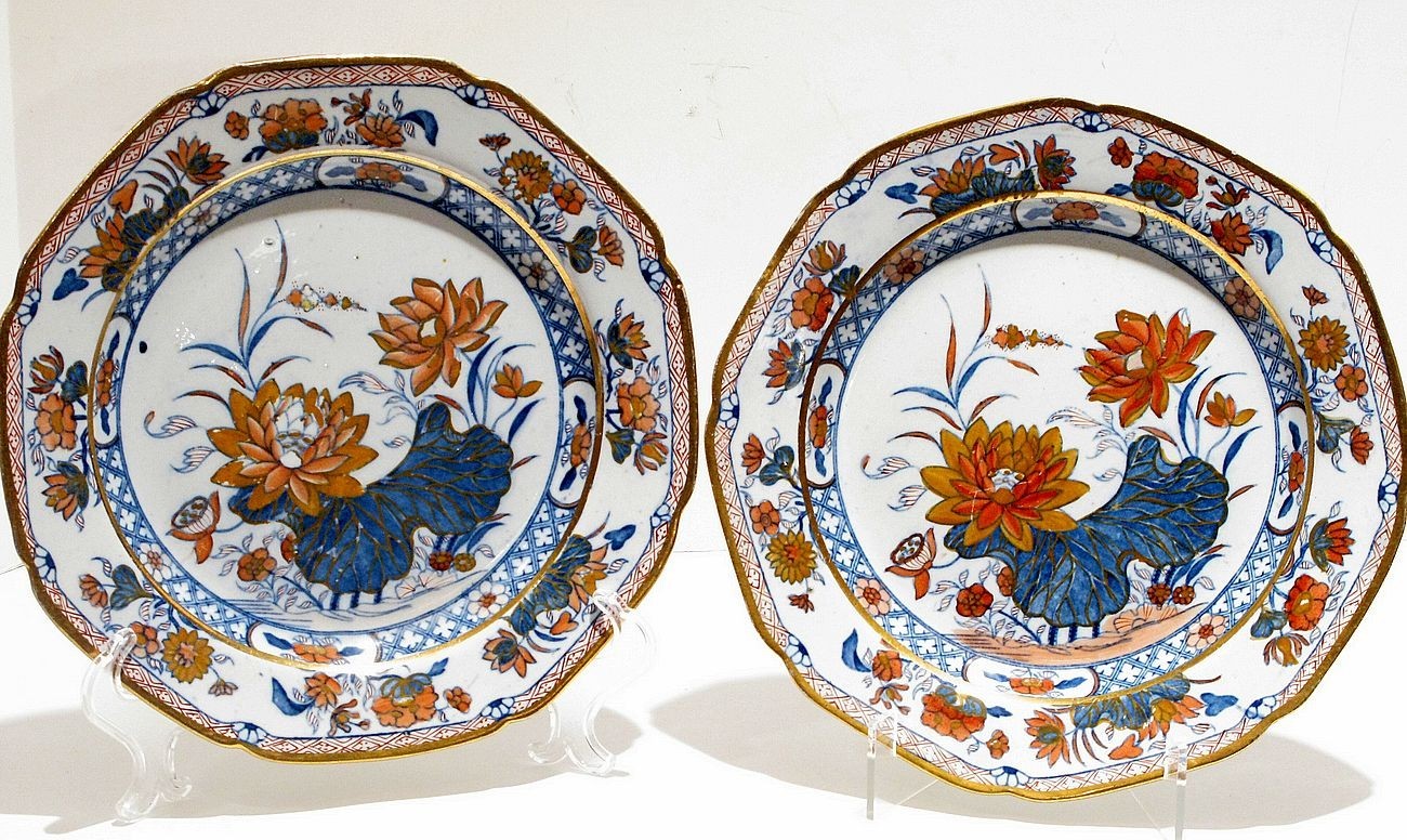Pair Antique English Pearlware Imari Plates c1820 Possibly Spode Cobalt Gilt Pair Antique English Pearlware Imari Plates c1820 Possibly Spode Cobalt Gilt