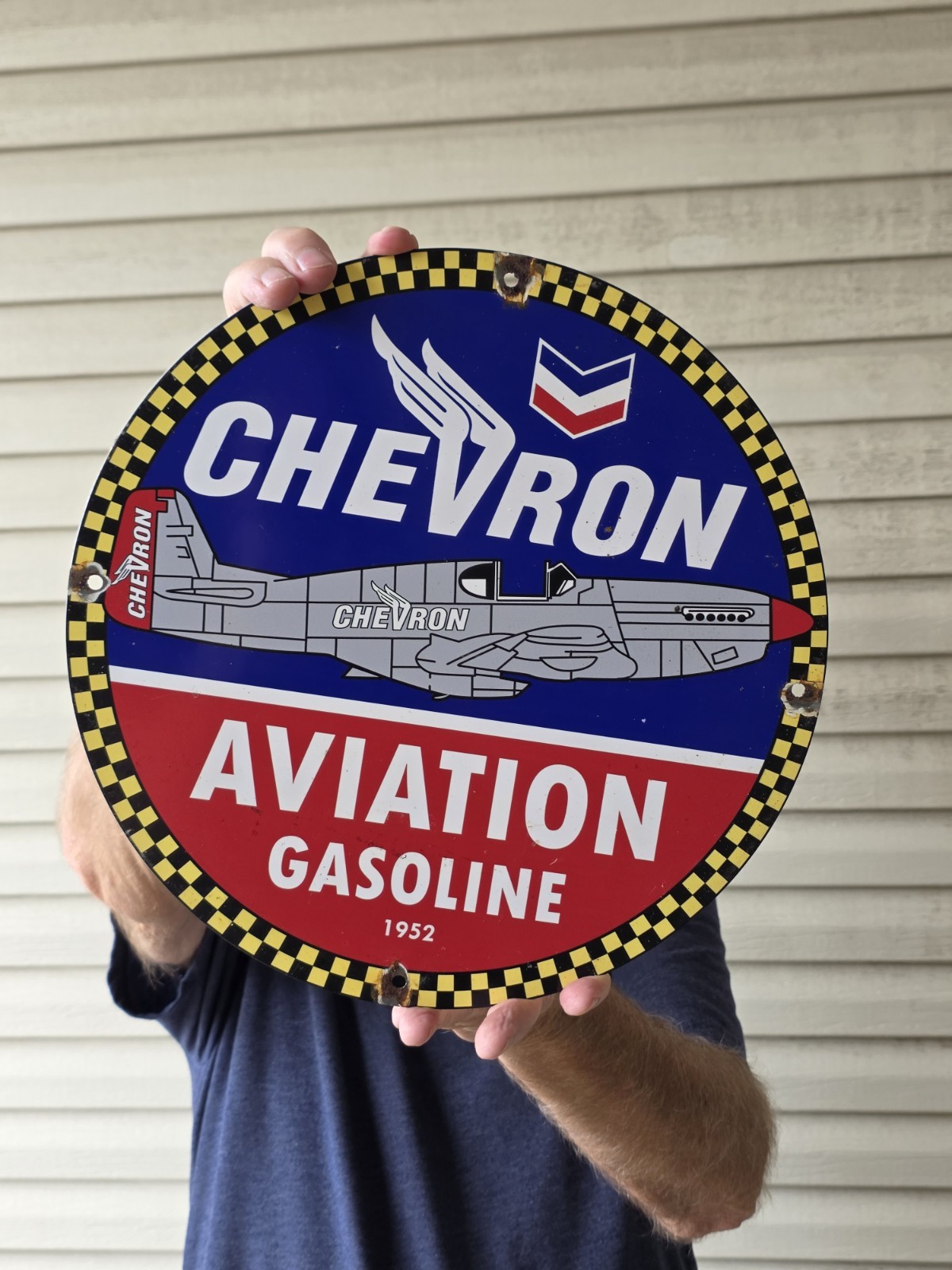 VINTAGE 1952 CHEVRON AVIATION GASOLINE PORCELAIN SIGN 12" VINTAGE 1952 CHEVRON AVIATION GASOLINE PORCELAIN SIGN 12"