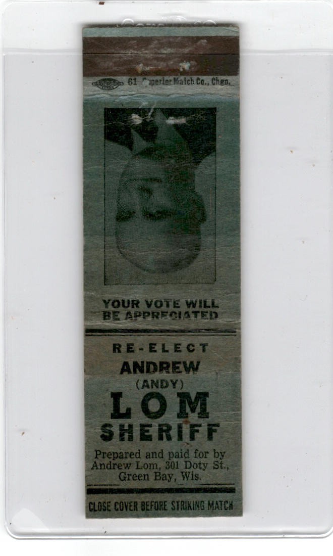 Vintage Andrew Andy Lom Sheriff Election Campaign Green Bay WI Matchcover Vintage Andrew Andy Lom Sheriff Election Campaign Green Bay WI Matchcover