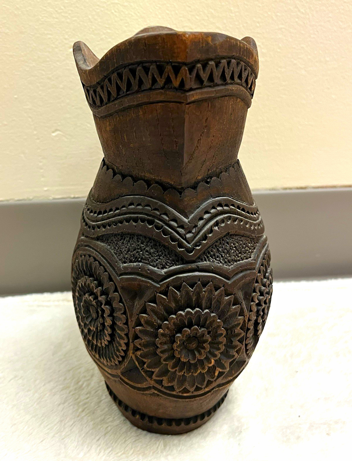 VTG Hand-Carved Dark Wood Pitcher Floral Motifs Zigzag Trim Rustic Decor VTG Hand-Carved Dark Wood Pitcher Floral Motifs Zigzag Trim Rustic Decor